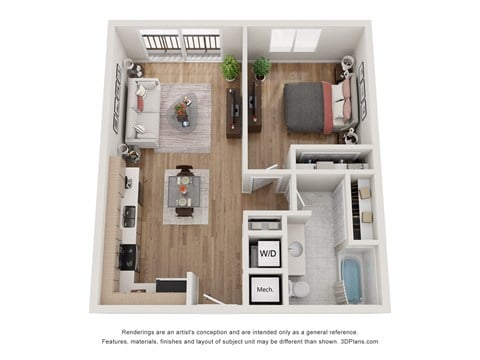 Floor plan for 1 bed, 1 bath, 662 sqft